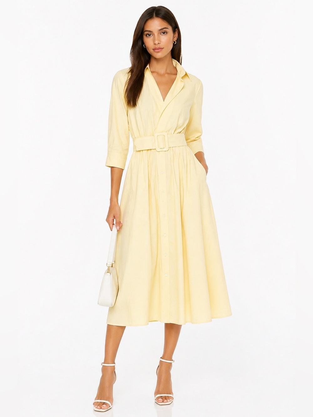Butter Yellow Cotton Midi Dress Asymmetric Collar faux belt  XS